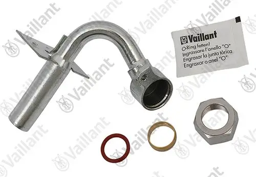 Vaillant Rohr mit dazugehörigen O-Ringen, einer Dichtung und einer Mutter. Zubehörteile für die Installation oder Wartung von Heizungsanlagen.